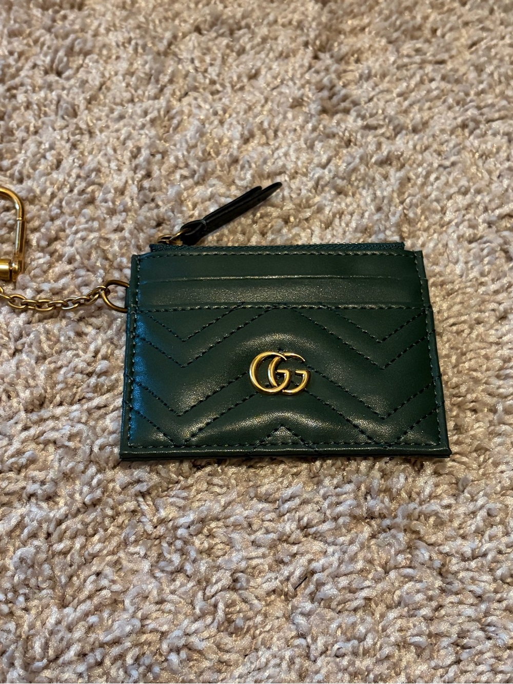 Dark Green Quilted Leather Card Holder with Gold Double G Keychain
